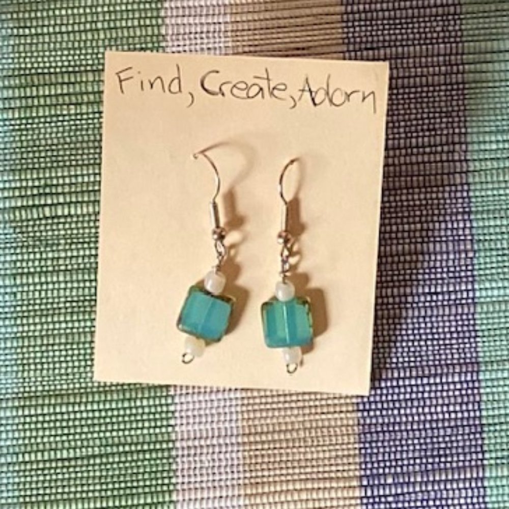 Blue-Green Square Glass & Silver Handmade Earrings - NWT - Picture 3 of 4